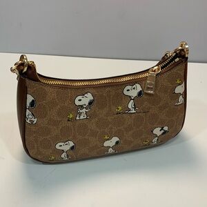 Coach Brown Snoopy Print Crescent Shoulder Bag with Gold Hardware